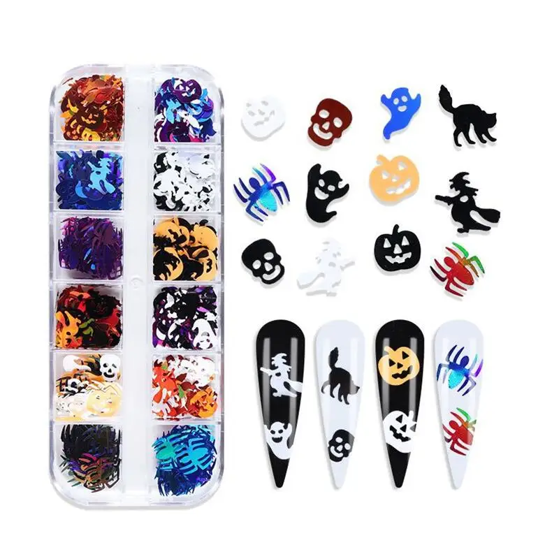 12 Grid Boxed Halloween PET Nail Art Sequins Ghost Witch Skull Spider Pumpkin Plastic Nail Art Decoration Charms