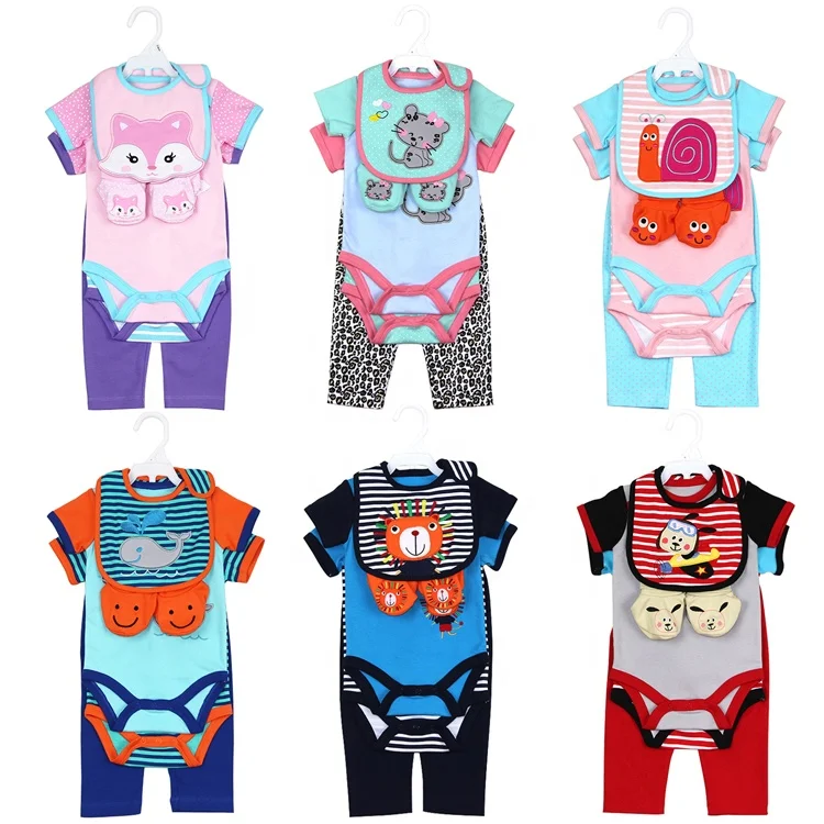 5 in 1 newborn baby clothing set summer baby short sleeve romper matching with long pants&shoes&bibs