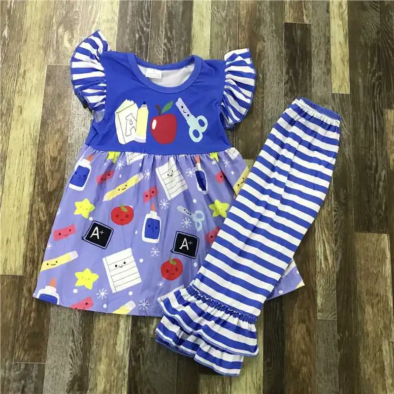 Summer Hot Sale Blue Girls Short Sleeved Long Pants Set Back to School Wholesale Outfits