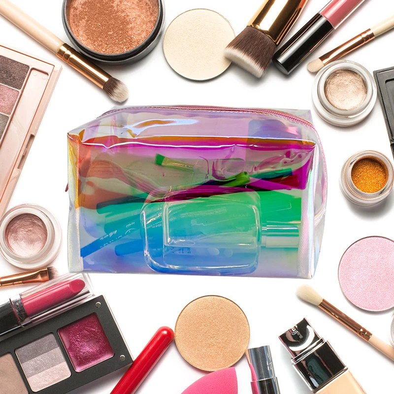 Hot Fashionable Holographic Waterproof Ladies Cosmetic Bag Rainbow Colored Portable Travel Storage Bag