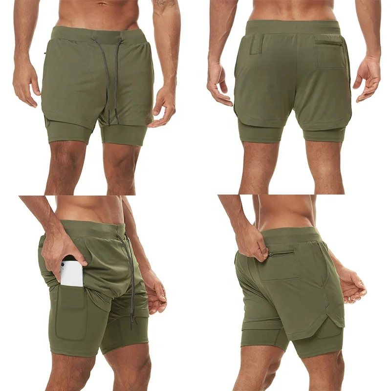 Male Active Wear Fitness Shorts With Zipper Pockets Towel Loop Jogging Gym Training Jogger 2 in 1 for Men