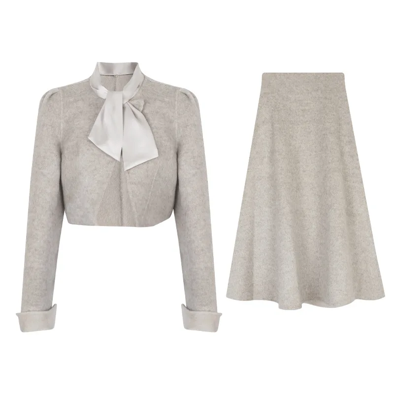 Новое поступление Прямая поставка Лидер продаж модный и элегантный комплект из двух частей шерстяных длинных юбок куртки для женщин