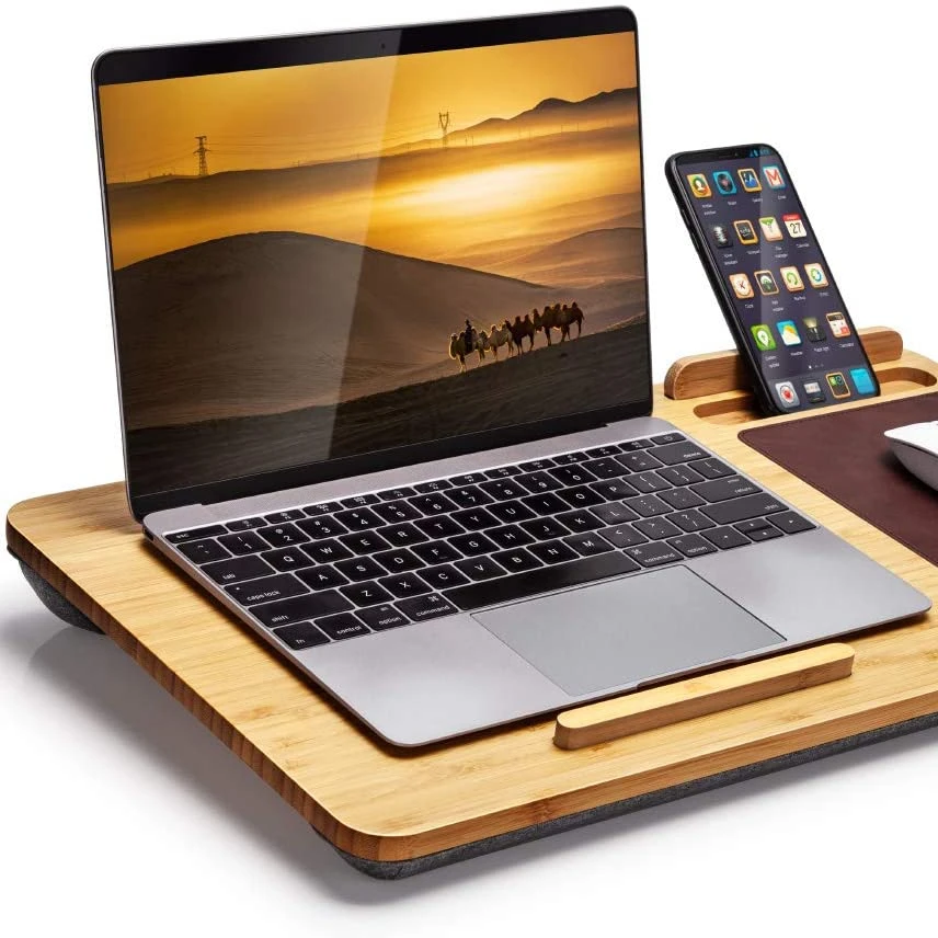 Combohome Lap Desk Bamboo Laptop Foldable Computer School Desk with Vent Holes Built in Mouse Pad Device Ledge Pen Phone Holder