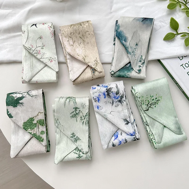 Factory Hair Scarf Hair Ladies Handbag Satin Silk Women Neck scarf Polyester Green Custom Designer Ribbon Silk Scarves