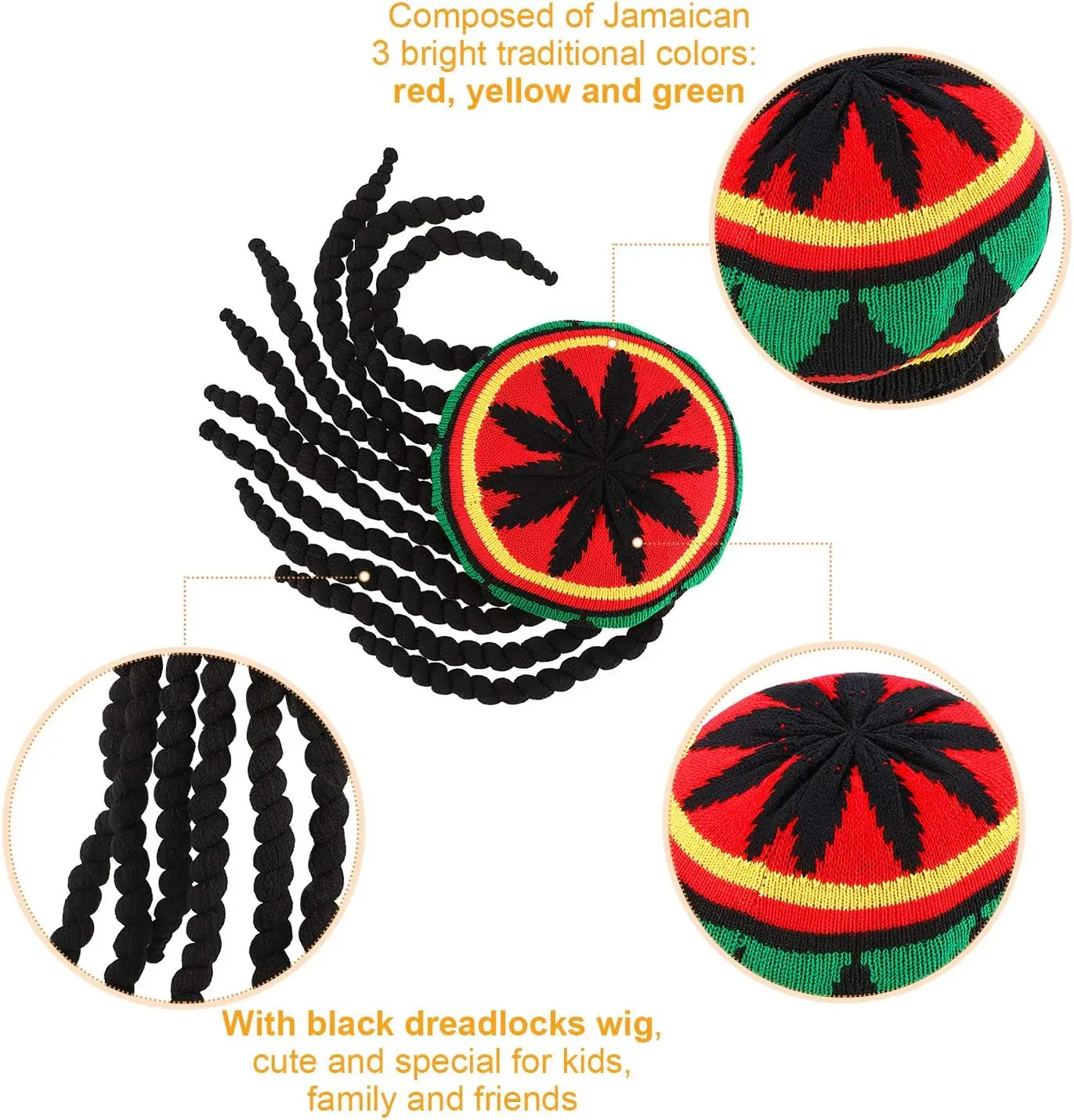 Knitted Hat with Black Dreadlocks Jamaican Dreadlocks Fancy Dress Party Wig Cap