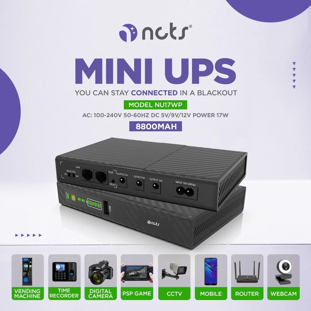 NCTS-NU17WP  MINI UPS POE PORT 15V/24V SELECTABLE Lithium Battery UPS On-Line Type Mini UPS for WIFI Router