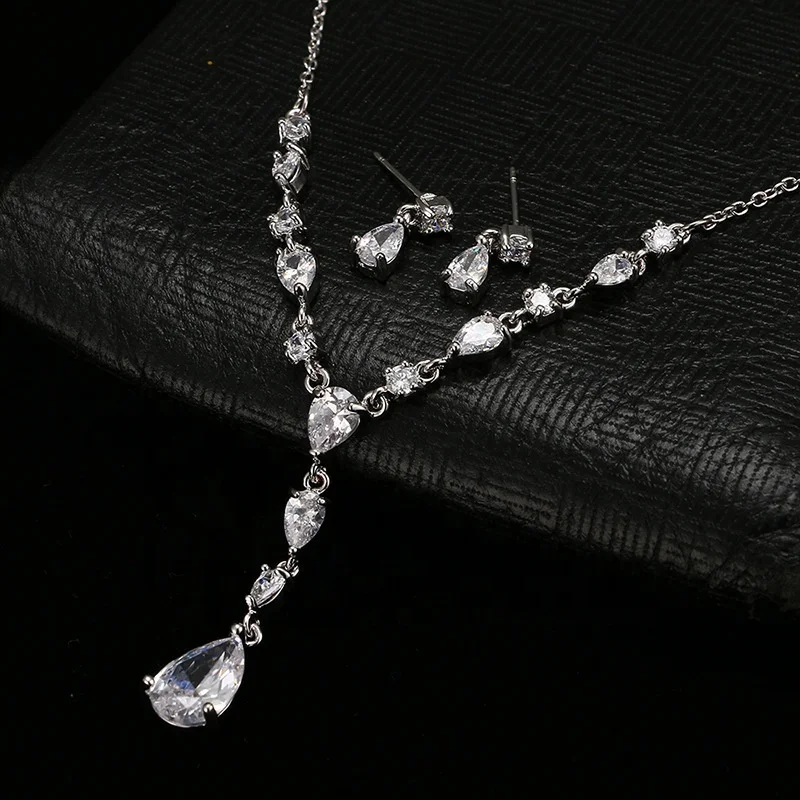 Elegant Women Wedding Jewellery Silver Plated Clear CZ Crystal Water Drop Diamond Bridal Necklace Earrings Jewelry Sets