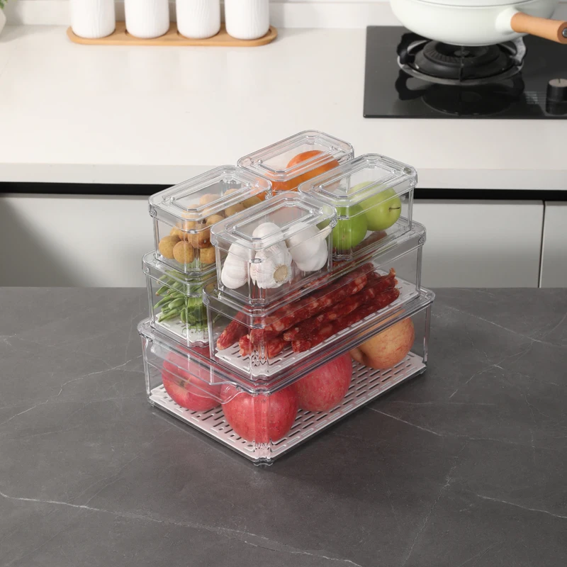 2024 New Multi-capacity PET Large Food Storage Bins Kitchen Food Storage Containers Fridge Produce Saver with Drain Board