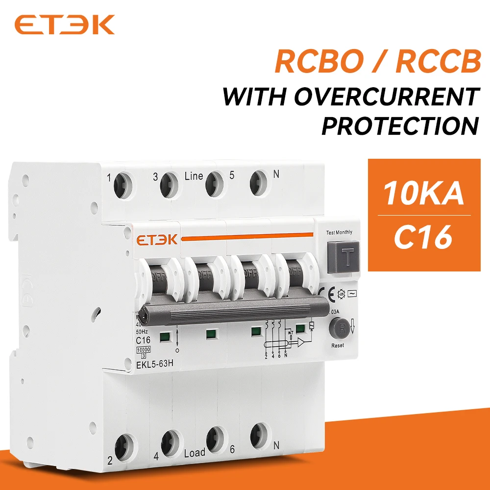 ETEK 4 poles rcbo 16A TPN AC Type C Curve 4P RCBO breaker 30mA tripping Curve C rcbo circuit breaker uk