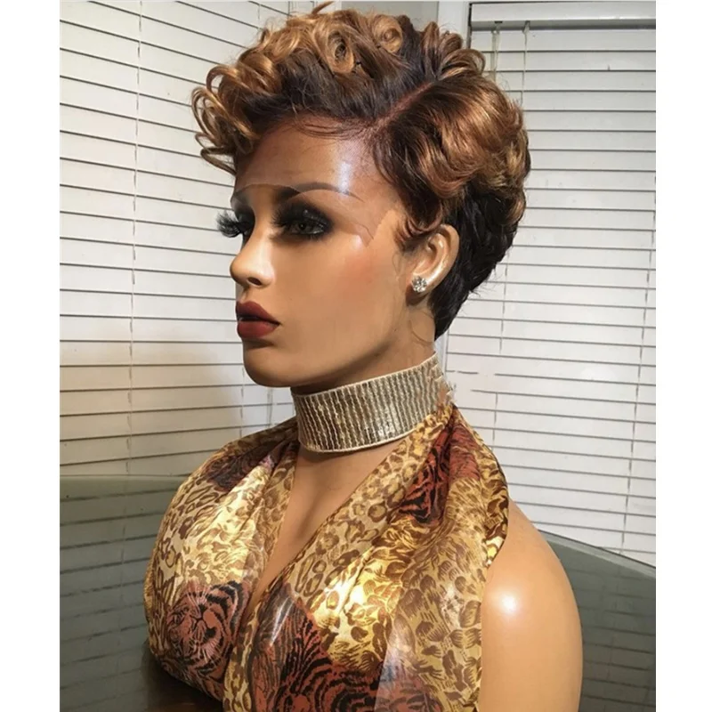 New Design Ombre #27 Blonde Color Pixie Wave Curly Bob Wig Virgin Cuticle Aligned Human Hair Lace Front Wigs