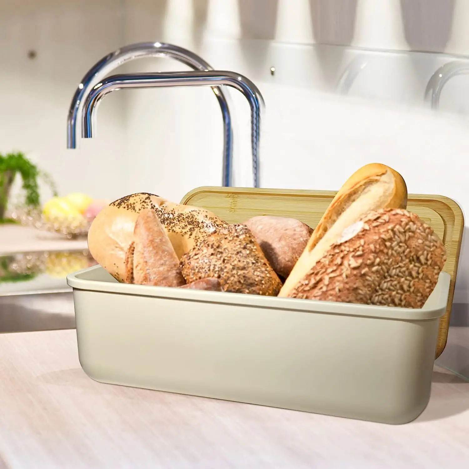 Oblong shape Big capacity high quality RPET material with strong stability Elevated design with bamboo lid household bread box