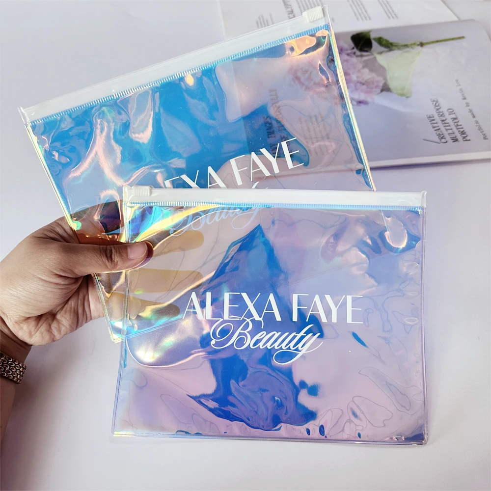 Trendy Custom Holographic Bga Pouch Cosmetic Iridescent Pvc Transparent Zipper Bag Print Laser Plastic Ziplock Packaging Bag