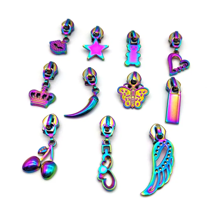 In Stock Rainbow Color Metal Zipper Slider Custom Zipper Pull Creative Pattern Zipper Puller Nylon Zip Head