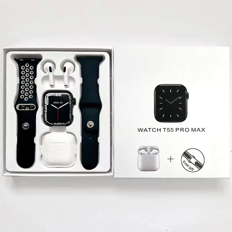 Original Series 8 T55 pro max smart watch with tws earphones BT Call Men Sports Fitness Smart Band Custom dial smartwatch