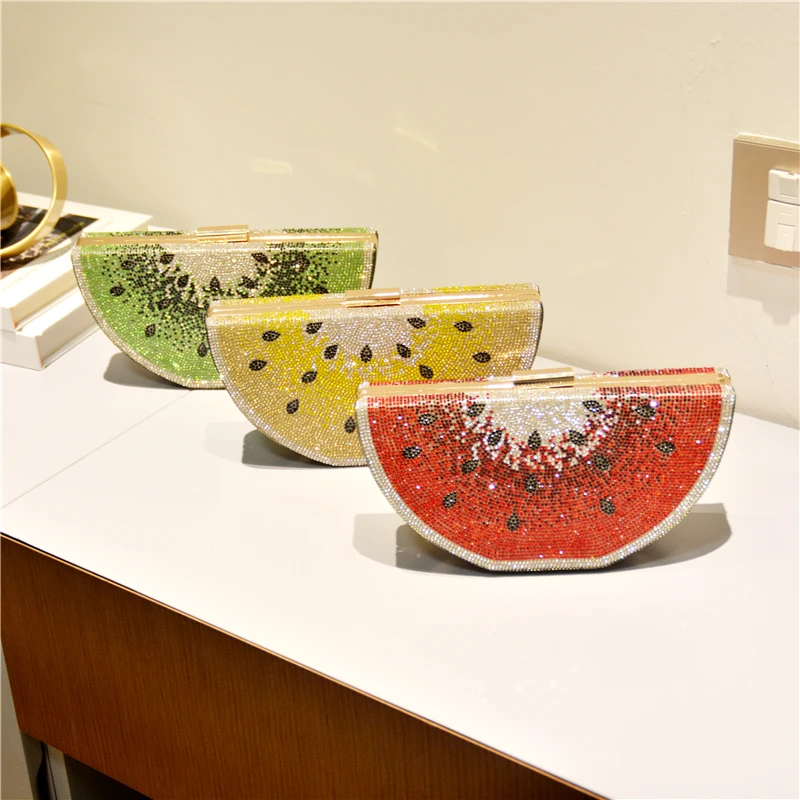 Luxury Bling Women Fruit Bag Crystal Evening Party Acrylic Clutch Handbag Ladies Rhinestone Watermelon Beads Clutch Purse