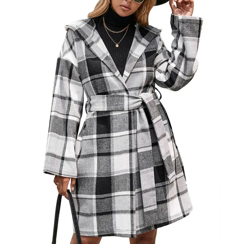 loose and casual plaid mid-length belted hooded trench coat coat plaid woolen coat women
