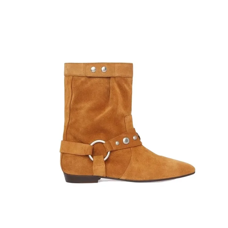 Hot Style Vintage Rivet Cowhide Leather Ankle Boots Suede Pointed Toe Boots Cowboy Women Ankle Boots