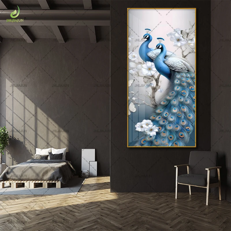Luxury home decoration with high-definition printed canvas painting, peacock crystal porcelain home decoration, and LED murals