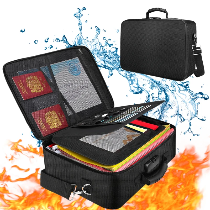Upgraded Document Organizer with Lock and Waterproof Zippers Multi-Layer Fireproof Document Safe Bag Fire Resistant Safe Storage