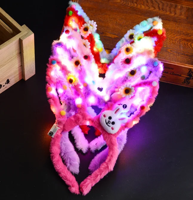14 lights LED plush rabbit ears rose headband sun flower mixed color hair hoop for party favor