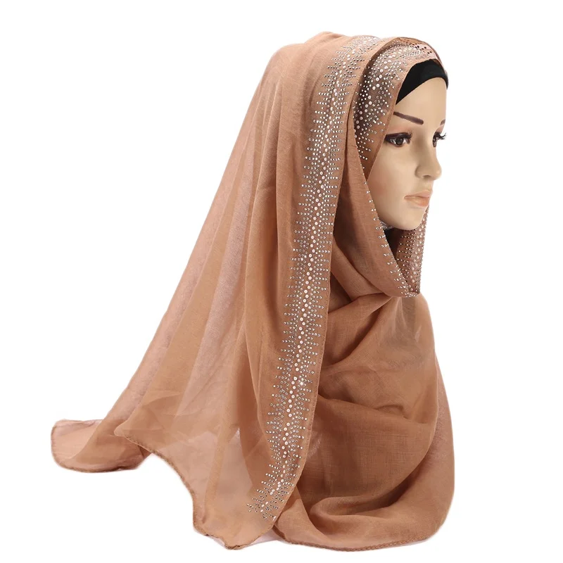Cotton Hijab Bawal Wrap Glittering Rhinestones for Women Muslim Scarf