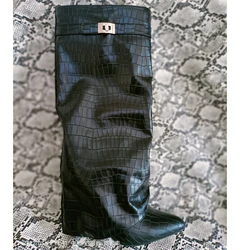 Chendgdu Women Boots Classic Design Fold Knee High Boots Crocodile Red Orange Pointed Toe Side Zipper Chunky Heel Winter Boots