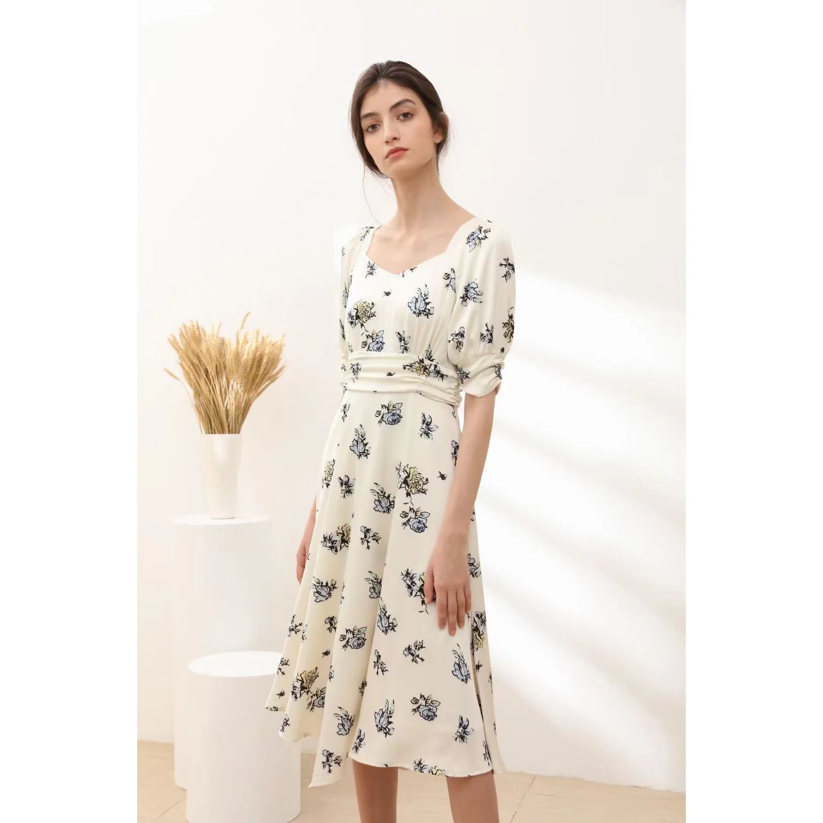 2021Women Floral Print Apricot Bows Girls Dress puff sleeve Mulberry silk dresses women ladies elegant