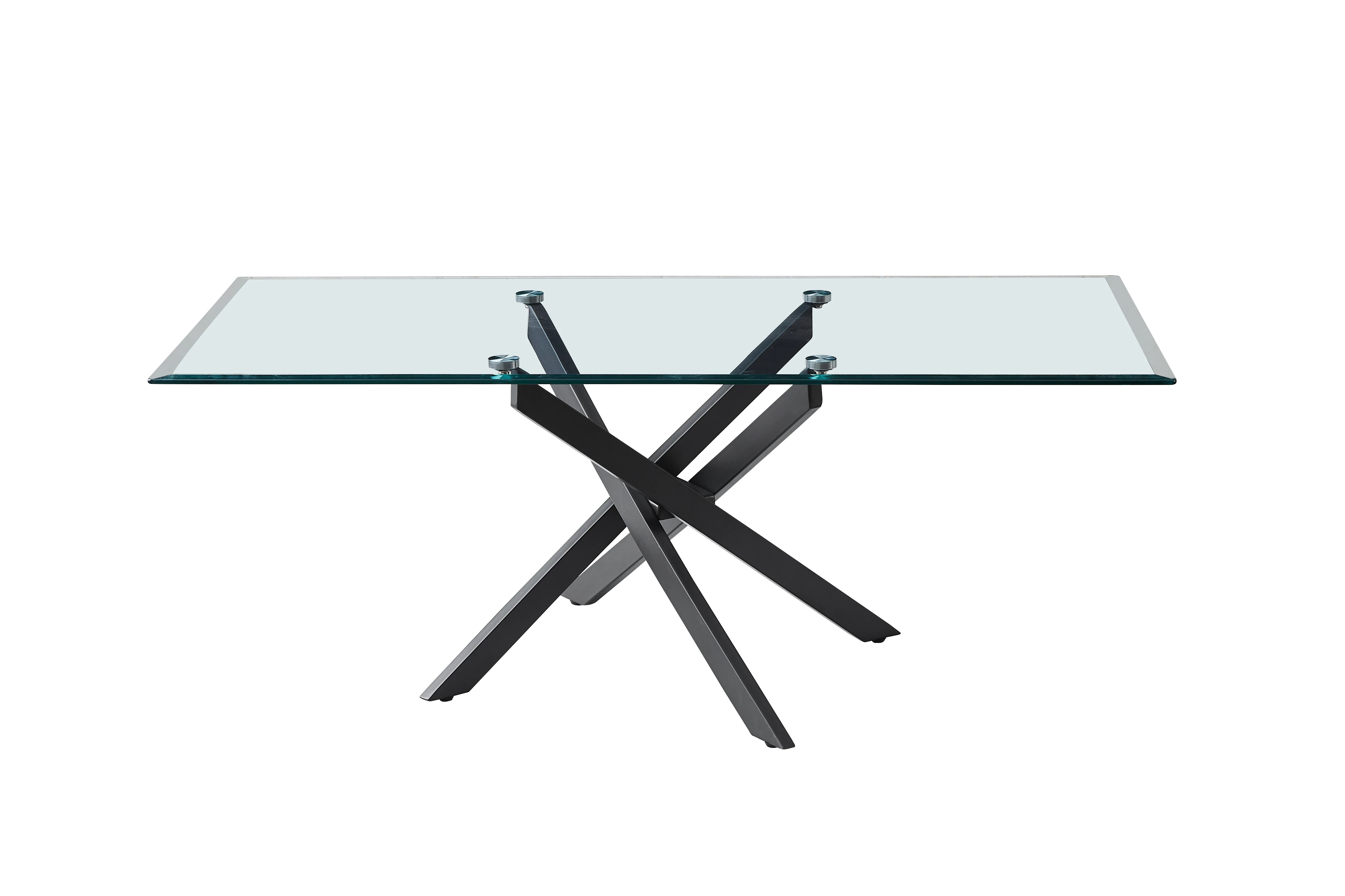 Stable And Long Lasting Rectangular Clear Glass Top Dining Table With 4 Silver Plating Metal Legs For Home Dining Room