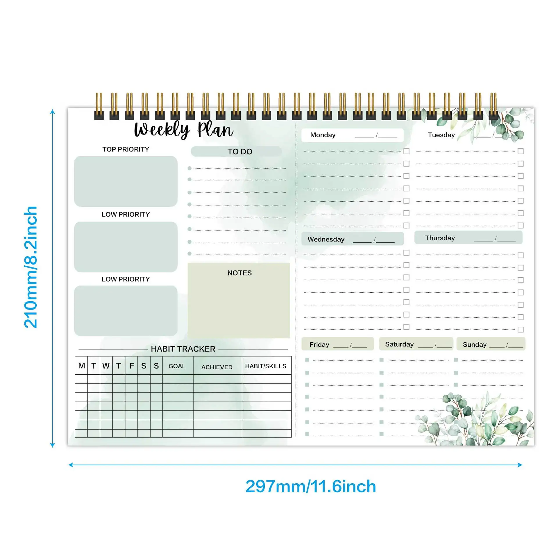 A4 Sprial Binding Daily Weekly Non-dated Planner Agendas Weekly Plan Habit Tracker Note Pad Desk Planner