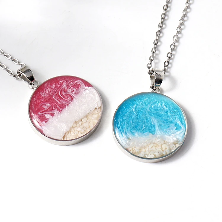 Handmade Round Ocean Resin Necklace Jewelry Wave Pendant Necklace with Stainless Steel Link Chain