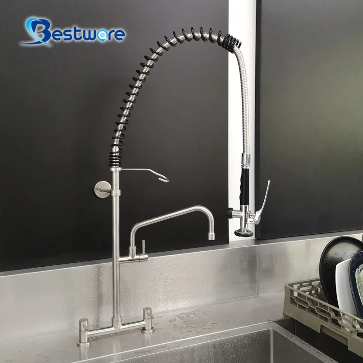High Quality Commercial Kitchen Faucet Pre-Rinse Stainless Steel with Dual Handle Pull down Sprayer Heavy Duty Ceramic Valve