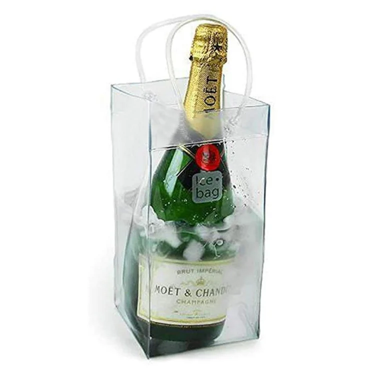 Reusable Clear Transparent PVC wine Ice Bag Wine Pouch Cooler Bag with Handle Ice Bag for Wine Bottle