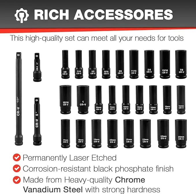 29pcs 1/2-Inch Drive Deep Impact Socket Set Cr-V Steel 10-24mm Universal Joint Adapter and Extension Bar