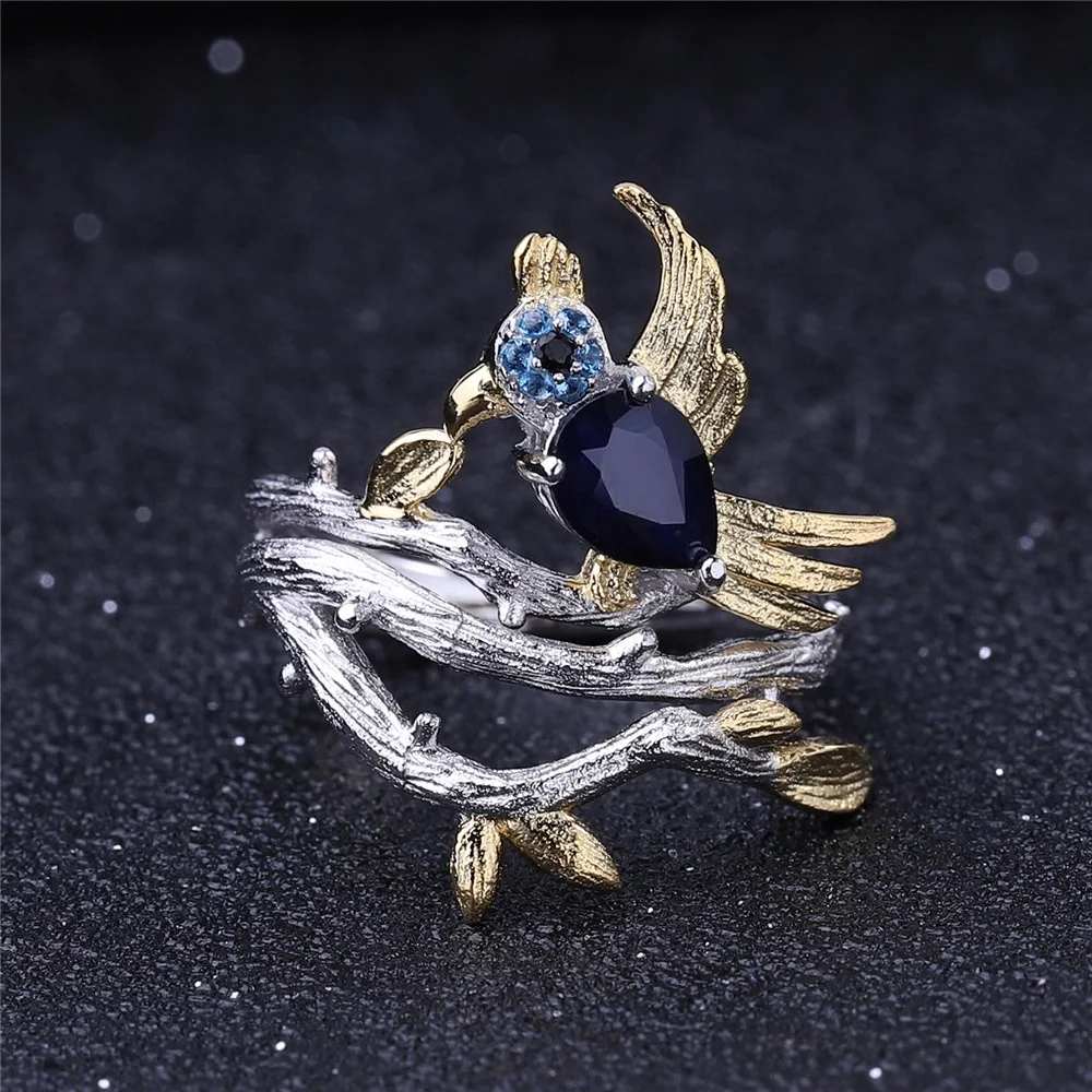C7771 Abiding Cute Natural Blue Sapphire Gemstone 925 Sterling Silver Animal Bird Jewelry Set