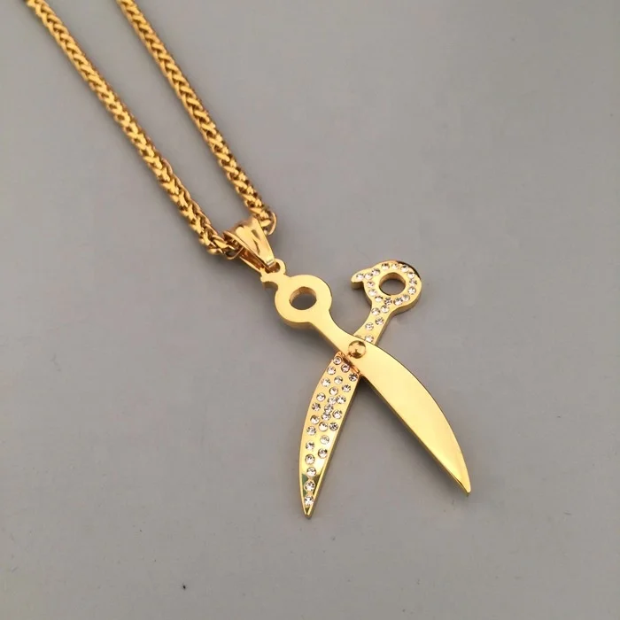 New Design Hiphop Crystal Diamond Baber Jewelry Stainless Steel Gold Scissors Pendant Necklace for M4n