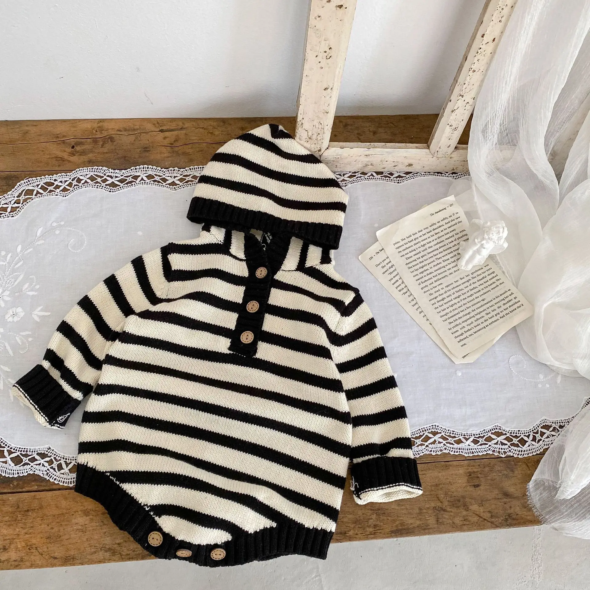 Instagram Spring Clothing Baby Boys Girls Babies Striped Hooded Cotton Jumpsuit Buttocks Jumpsuit Climbing Suit
