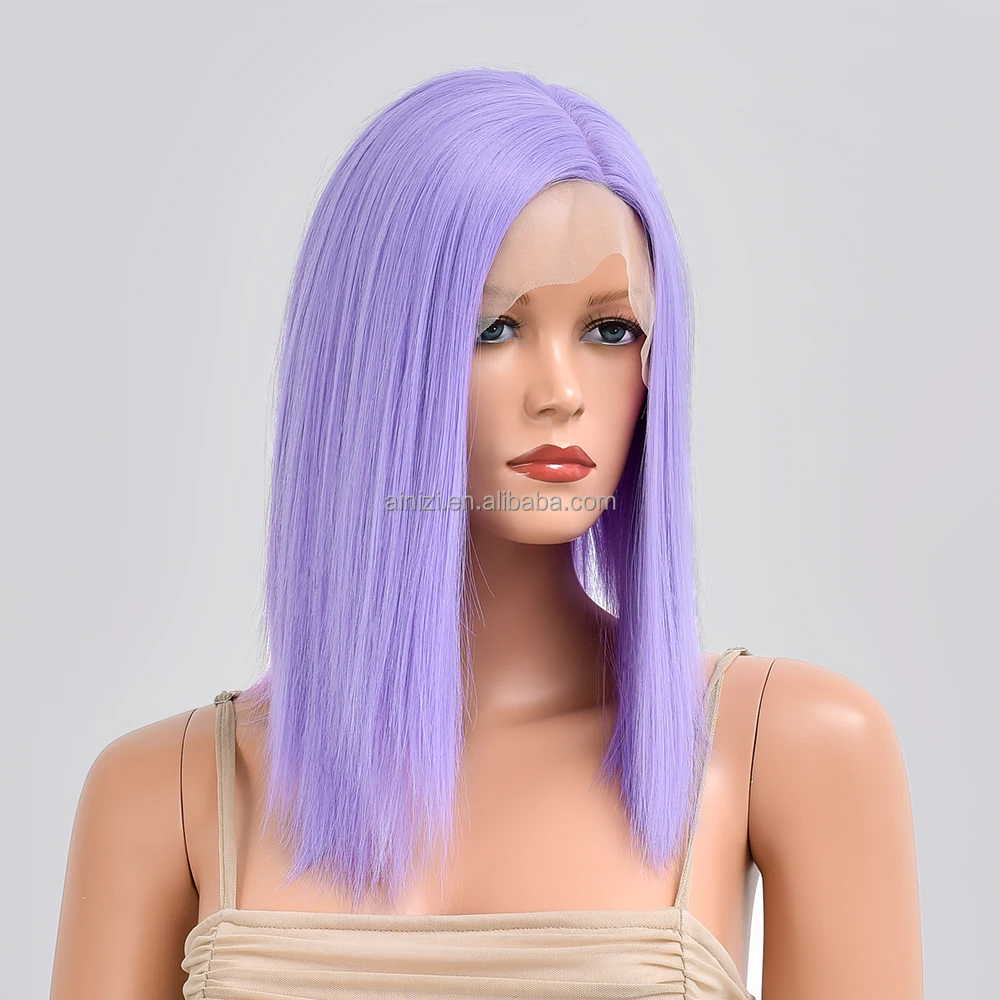 Ainizi wholesale high quality fashionable short bob straight 14' light purple synthetic T part lace front wig for women
