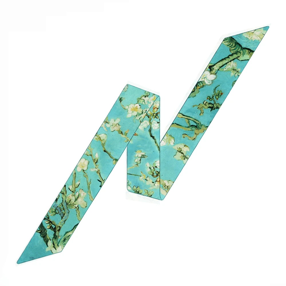 Women Painting Print Small Neck Bow Silk Scarves Girls Neckerchief 105*5cm bag tie scarf