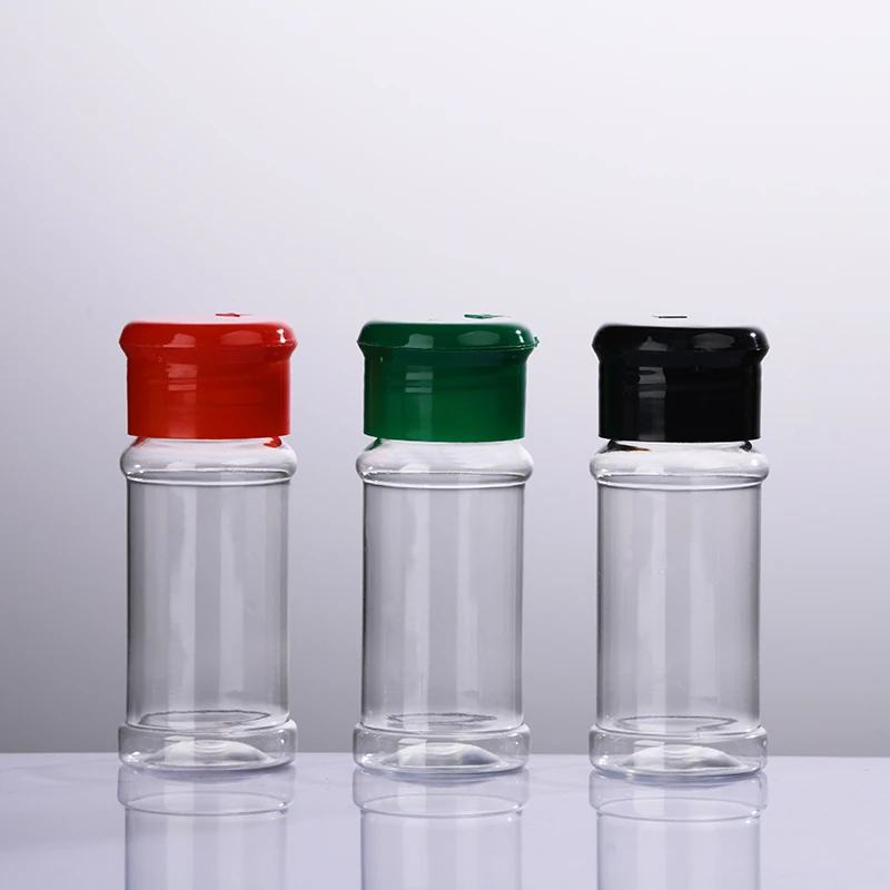 Empty wholesale PET plastic spice bottles seasoning container pepper jar salt shaker with flapper cap