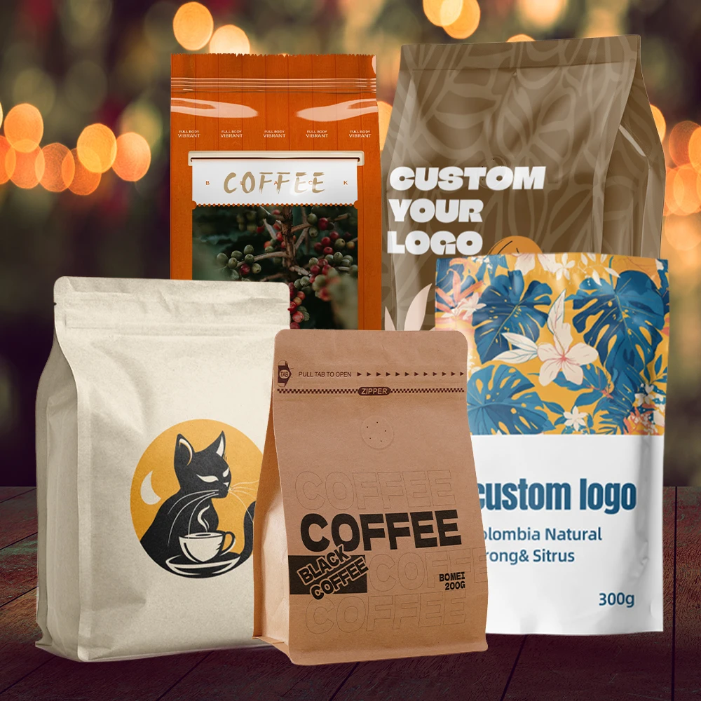 Custom Coffee Packaging Bag With Valve And Zipper Flat Bottom Ziplock Stand Up Plastic Mylar Bag Matte Aluminium Foil Pouch