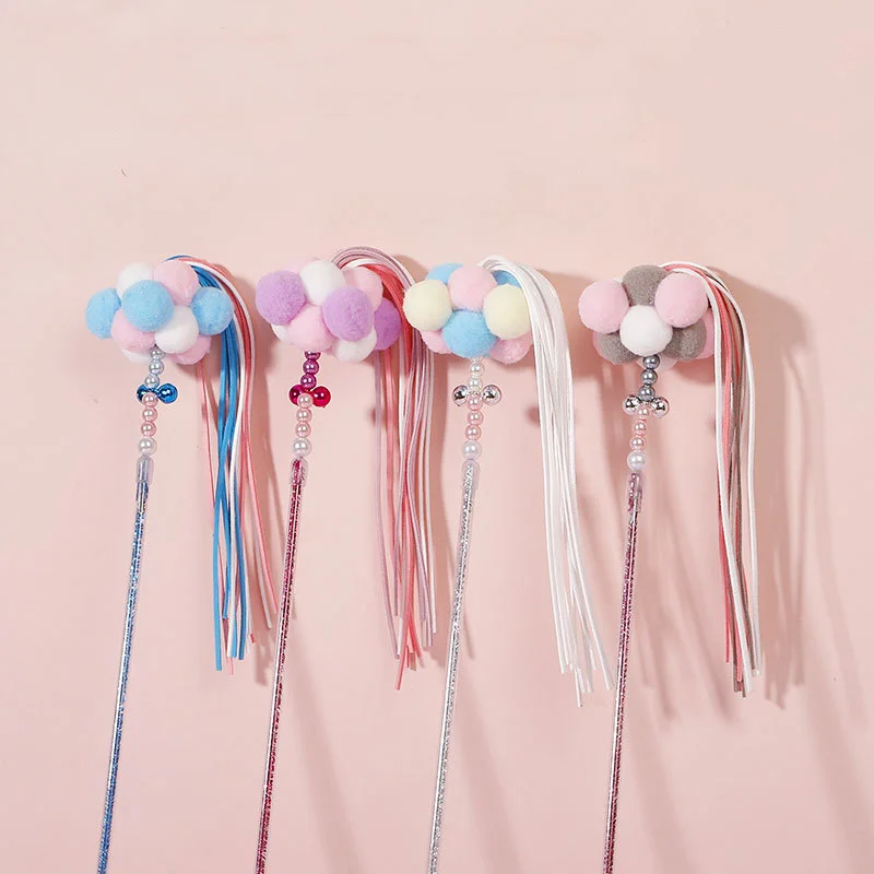 Wholesale  Cat Teaser Stick Toy Interactive Cat Toys Cat Teaser Wand Stick with Bells Pompoms