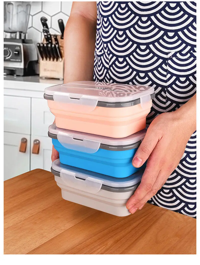 Compartment Food Grade Silicone Collapsible Food Retractable Container Folding Bento Silicone Lunch Box with Fork