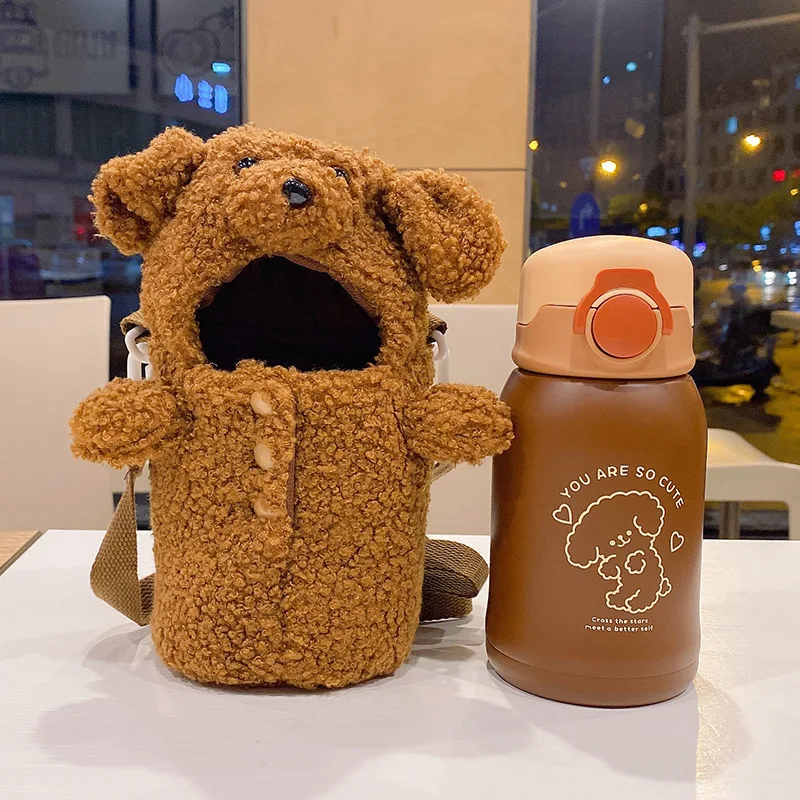 Cute Cartoon Stainless Steel Kids Water Bottle with Plush Sleeve