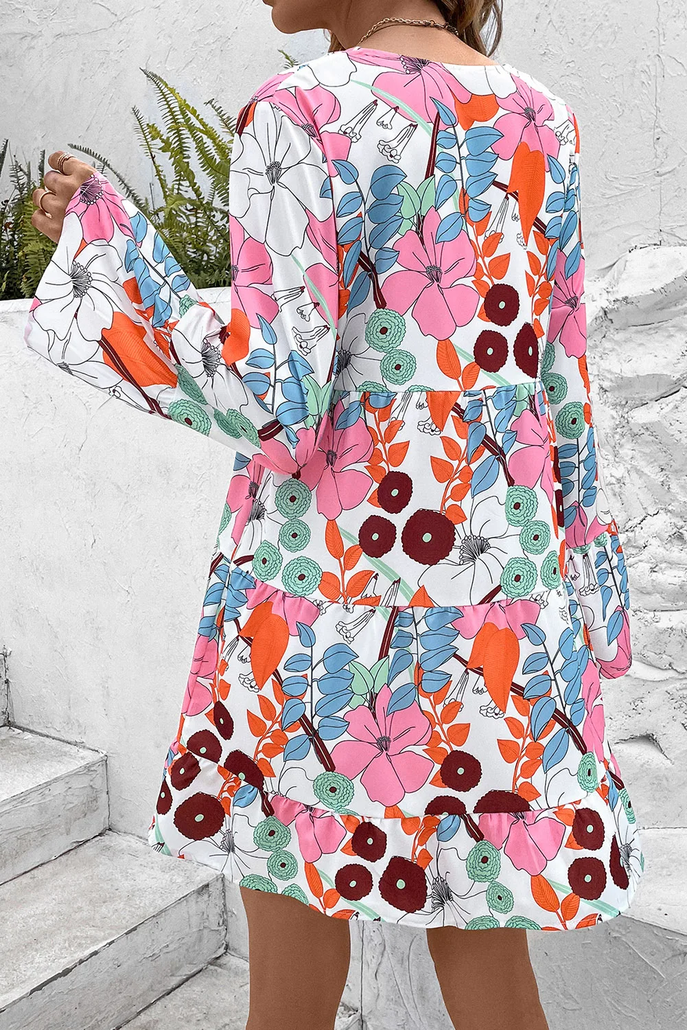 Dear-Lover Wholesale Long Sleeve White Floral Tiered Mini Dress