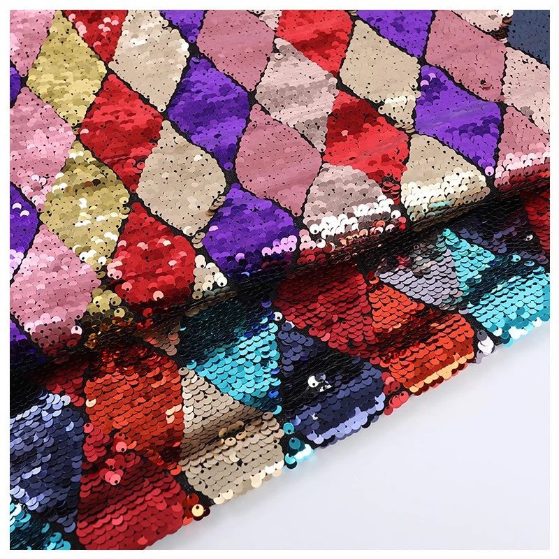 Factory Price Fashion Diamond Colourful Red Black Plaid Style Sequin Fabric for Clothing
