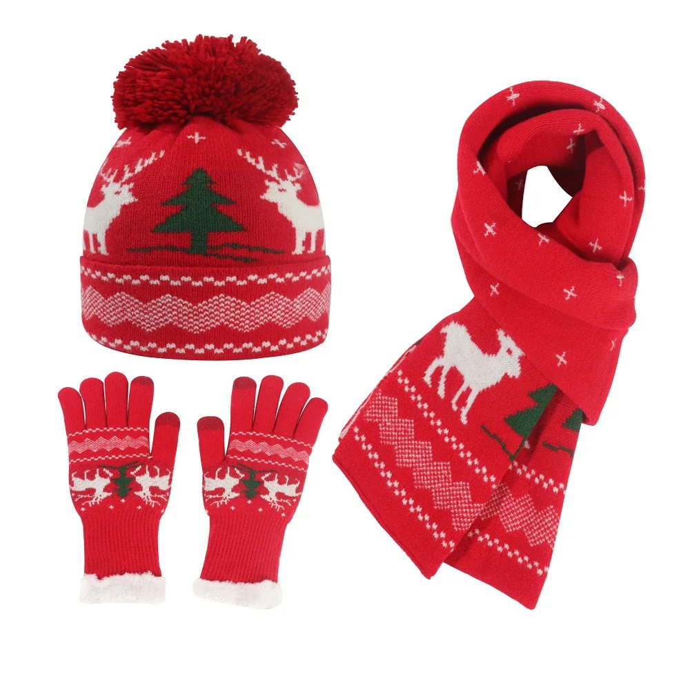 Winter Christmas design knitted funny hat scarf and gloves set keep warm for kids