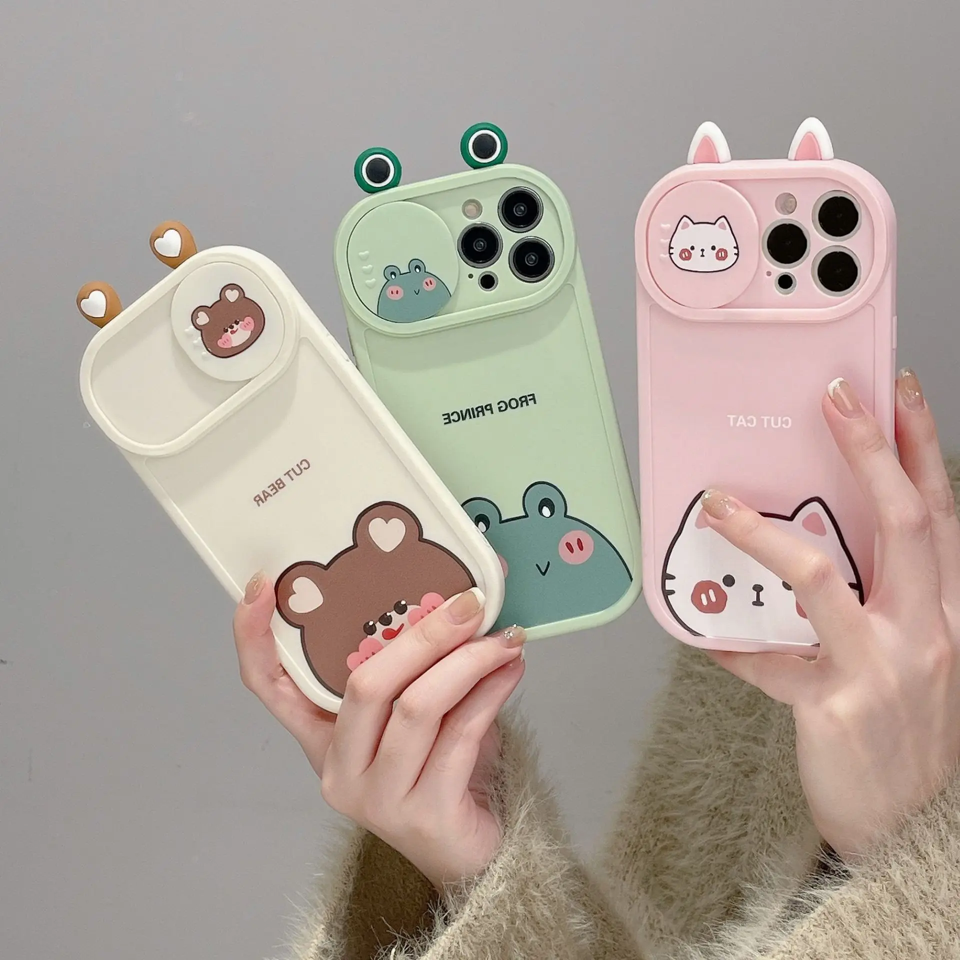 3D Cute Cartoon Bear Pink Cat Sliding Window Phone Case For iPhone 13 14 Pro Max 11 12 XR X Xs Max Camera Lens Protection Cover
