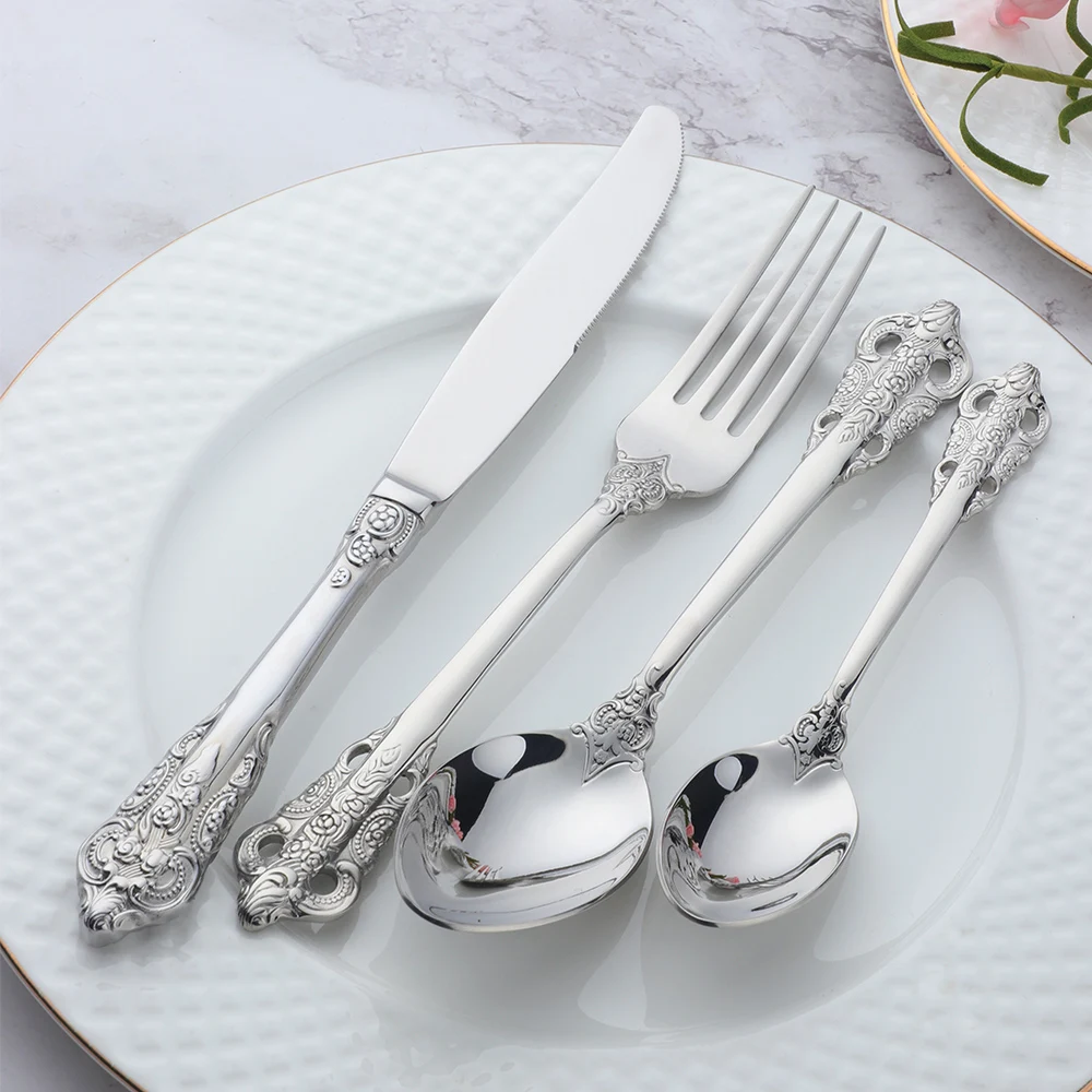 BAISHI  Vintage European Silverware Cutlery  Knife Spoon Fork 4 Pieces Dinner Set  Factory Wholesale Stainless Steel tableware