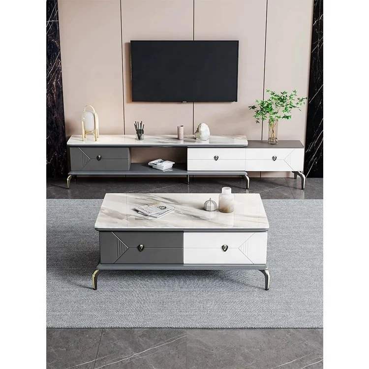 Luxury Design High Quality Tv Stands With Modern Coffee Table Square Tv Unit And Tea Table With Glossy Marble Top