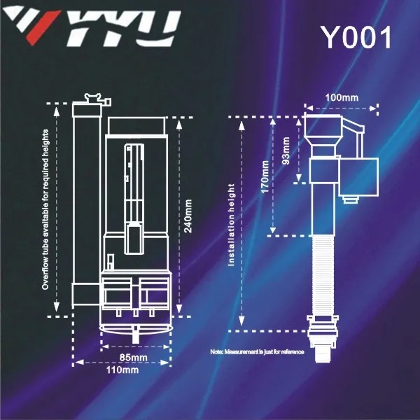 Y001 One - Piece Toilet 24cm long Flush valve Cistern Fittings push button